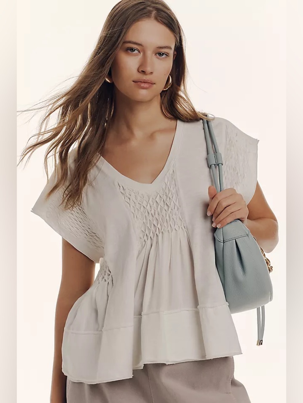 By Anthropologie Smocked swing tee white